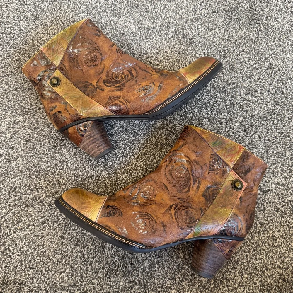 L’artiste Water lily Ankle Booties Boots Size 40 Side Zip Floral Brown Leather - Picture 5 of 9